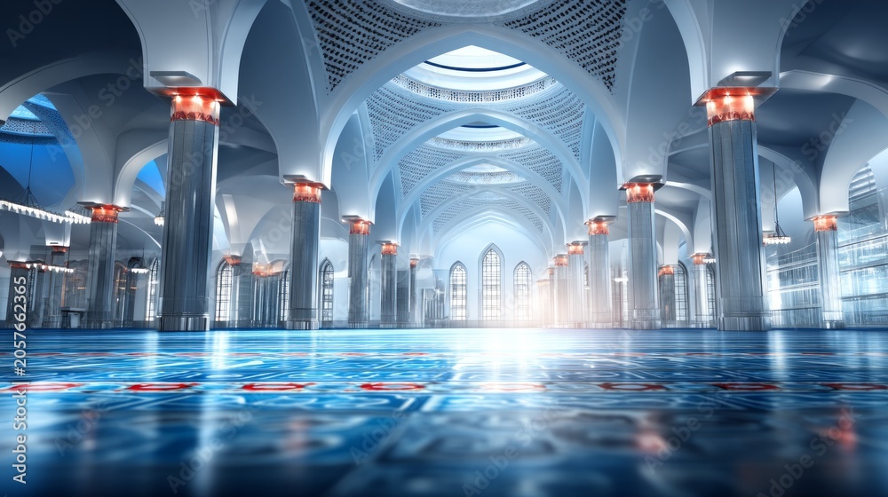 Naklejka premium Elegant Prayer Hall with Geometric Mosaic Floor and Arching Ceilings