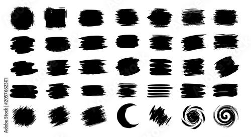 Paint brush strokes. Black vector rough edge rectangles. Grunge square frames set. Jagged edge torn paper background collection. Grungy distressed text boxes. Transparent background PNG version.