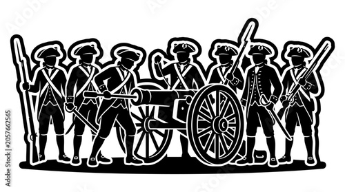 Foto Soldiers marching with military cannon.