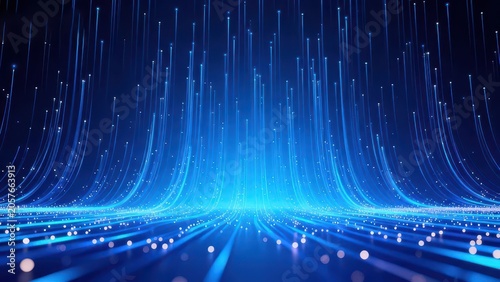 Vertical blue tech data stream light effect, converging vertical rays and particle bokeh, deep space background, futuristic digital business abstract background material.