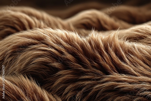 Close-up Texture of Brown Fur: A detailed macro shot reveals the intricate texture and softness of rich brown fur, showcasing the fine strands and natural wave patterns.