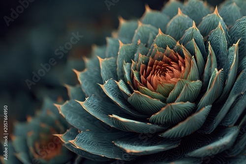 Succulent Spiral: A close-up view showcases the intricate, geometric spiral pattern of a succulent plant's leaves, rendered in cool green and warm brown hues, highlighting nature's complex design.