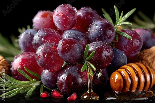 Ripe Red Grapes with Rosemary and Honey: A close-up shot of glistening red grapes adorned with water droplets, artfully arranged with sprigs of fresh rosemary, pomegranate seeds, and a honey dipper.