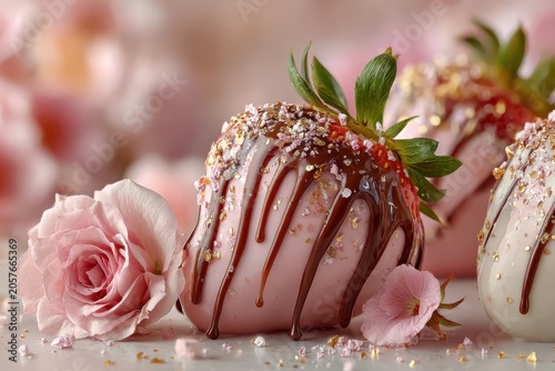 Chocolate Covered Strawberry Delight: Indulge in the sweet temptation of a chocolate-covered strawberry, adorned with pink frosting, a rich chocolate drizzle, and sparkling sprinkles.