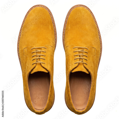 Premium mustard yellow men's oxford shoes flat lay, smart casual autumn fashion retail concept
