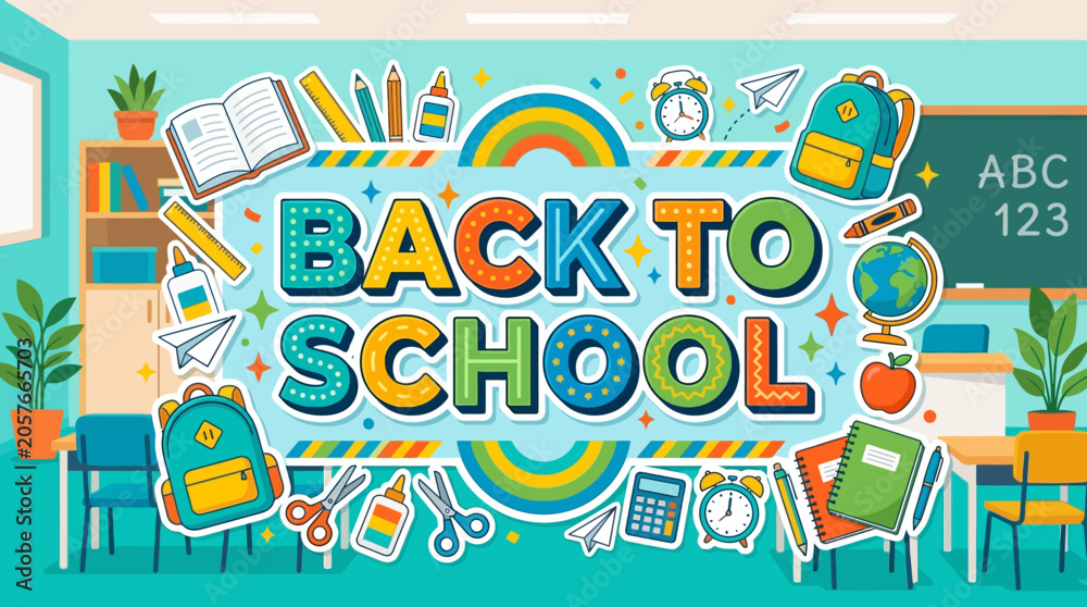 Naklejka premium Back to School Colorful Classroom with Supplies and Rainbow