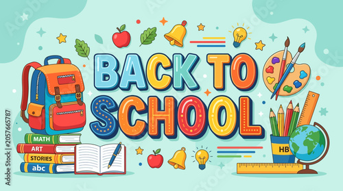 Back to School Supplies, Backpack, Books, Art, Globe, Education Theme