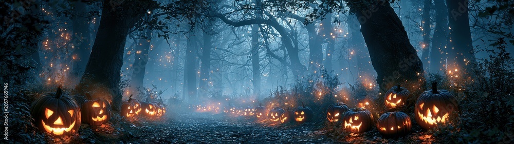 Fototapeta premium The ultimate spooky forest panorama, a line of carved pumpkins receding into a misty ancient woodland, glowing like fire in the dark, mysterious blue fog, ultra-wide frame for banner use