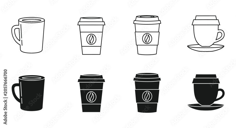 Fototapeta premium Coffee Cups And Takeaway Containers Black And White Vector Illustration