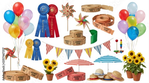 Fairground and festival celebration elements including balloons award ribbons admission tickets pinwheels and sunflowers