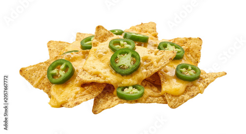 Fotografie Delicious cheesy nachos topped with fresh jalapeño slices