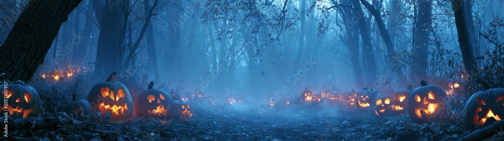 Obraz premium The ultimate spooky forest panorama, a line of carved pumpkins receding into a misty ancient woodland, glowing like fire in the dark, mysterious blue fog, ultra-wide frame for banner use
