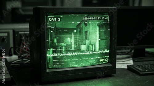 Surveillance Footage on Old CRT Monitor in Dark Room
