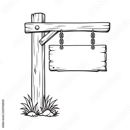 Rustic Hanging Wooden Sign Board Outline Illustration