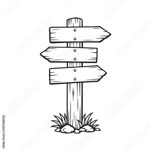 Hand Drawn Wooden Direction Sign Post Outline Illustration 