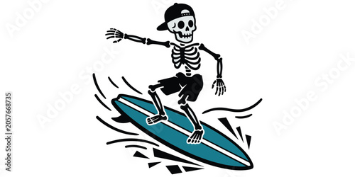 Skeleton surfing on blue surfboard wearing cap and shorts showing fun, adventure, and beach lifestyle concept artwork design illustration, flat vector illustration
