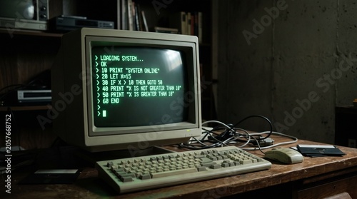 Vintage Computer Setup with Old Monitor, Keyboard, and Mouse on a Wooden Desk in a Dark Room Environment