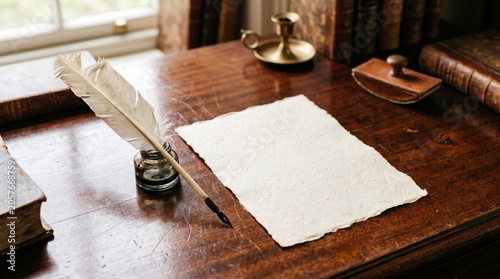 Vintage Writing Desk with Quill Pen and Parchment Paper