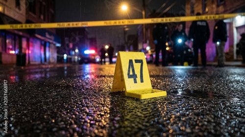 Crime Scene Investigation: Police Tape and Evidence Marker on Wet Street at Night
