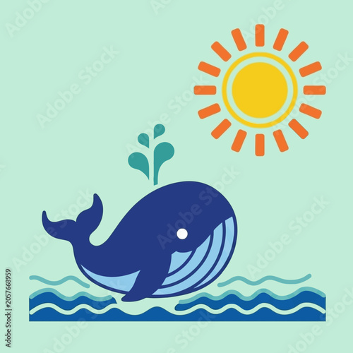 Sperm whale vector illustration of a blue aquatic mammal spouting water in the sea under a bright summer sun