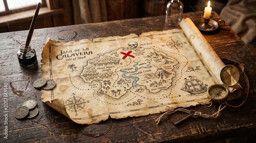 Vintage Treasure Map on Wooden Table with Coins and Candles