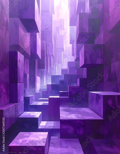 Purple abstract cityscape with geometric blocks.