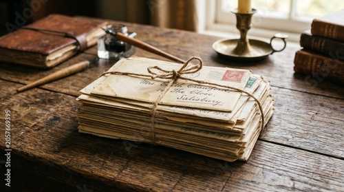 Vintage Letters and Books on Rustic Wooden Desk with Candlestick and Inkwell