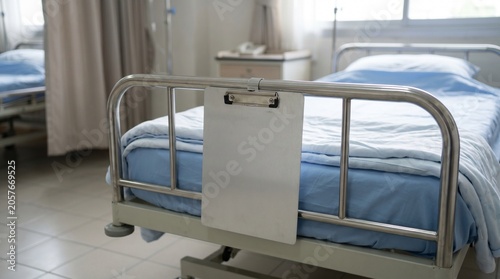 Hospital Bed with Clipboard and Blue Linens in Healthcare Setting