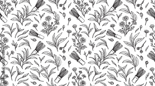 Seamless pattern with hand drawn matcha whisk tea leaves and chamomile flowers in black and white vector