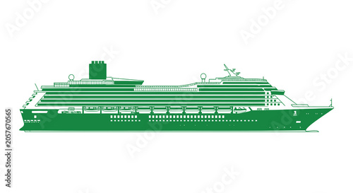 Tableau sur toile Green Silhouette Of A Cruise Ship Side View On White Background