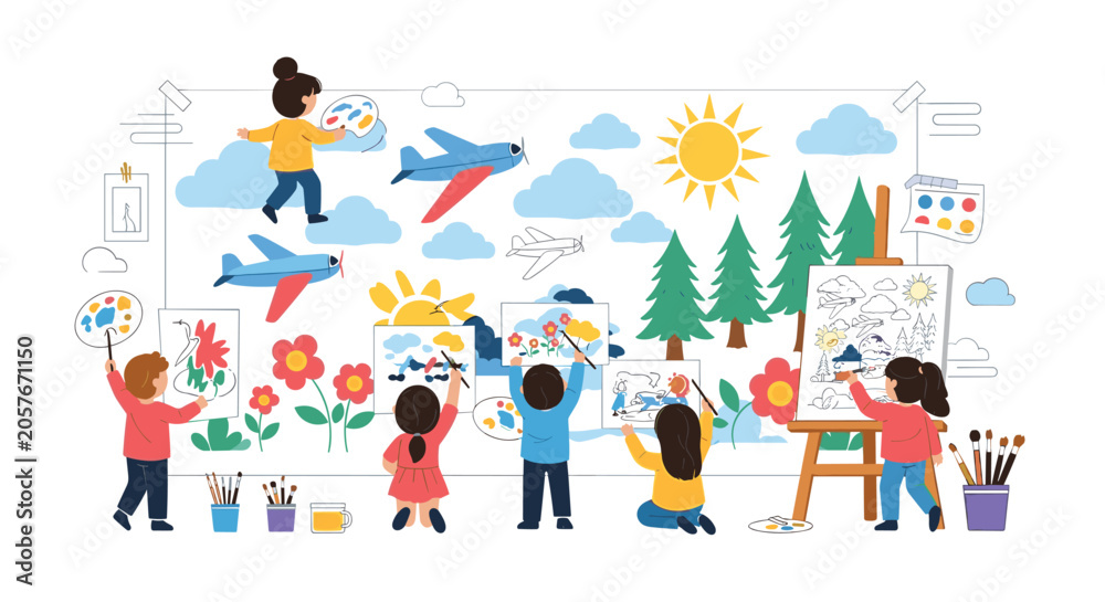 Fototapeta premium Creative group of young children joyfully painting a large mural with airplanes, sun, trees, and flowers in an art studio.