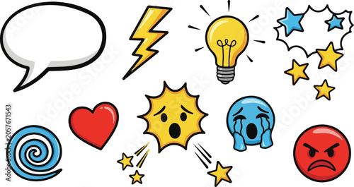 Comic Style Doodle Set: Colorful Hand-Drawn Emoji, Icons, and Speech Bubbles