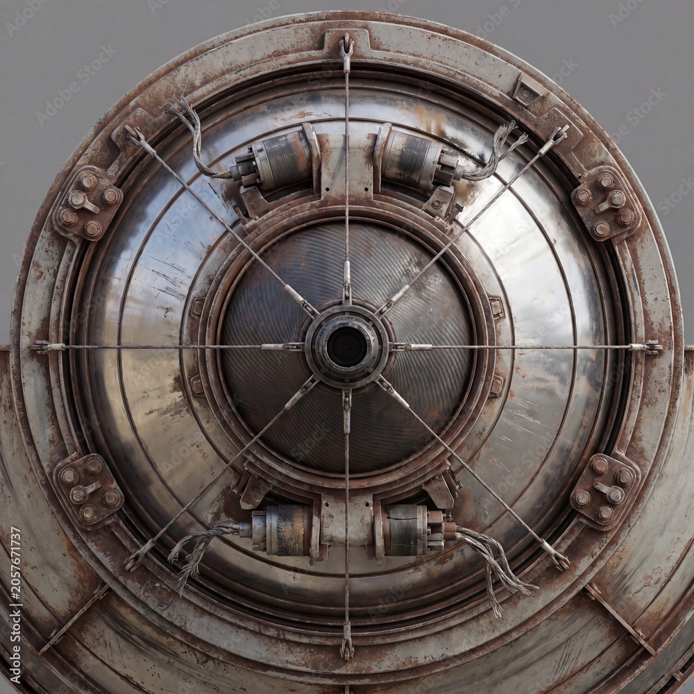 Obraz premium Close-up of a weathered, rusted industrial or sci-fi machine component. Intricate metal texture, cables, and bolts create a detailed, grungy background.