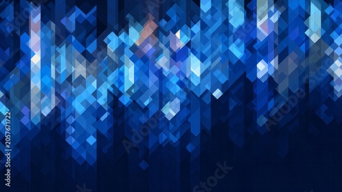 Abstract composition features bright blue geometric shapes forming a cascading digital curtain over a dark background
