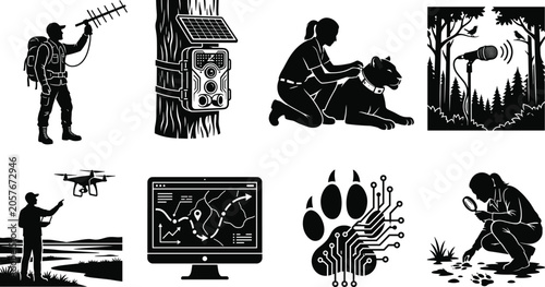 Wildlife tracking and conservation technology icons set featuring radio telemetry trail camera gps collar bioacoustics and drone mapping isolated on white background