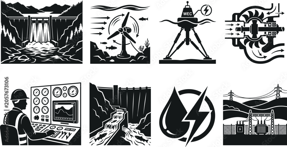 Fototapeta premium Hydroelectric power and renewable water energy icons set featuring dams tidal turbines wave converters control panel and power grid isolated on white background