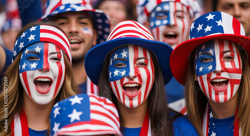 Excited American Fans Cheering with Face Paint, Hats, and Flags