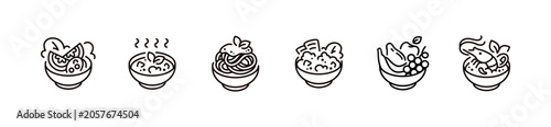 Food bowl icon line set. Restaurant menu meal, soup, salad, noodle, rise, seafood, fruits signs vector outline illustration