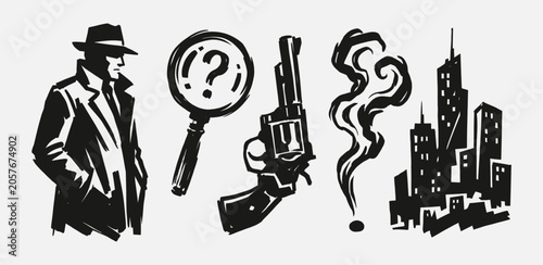 Foto Noir detective illustration set with mystery elements and urban cityscape icons