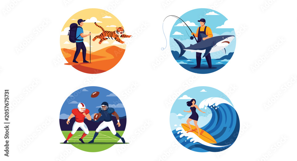 Fototapeta premium Collection of round icons representing outdoor activities like hiking, shark fishing, football and ocean surfing.