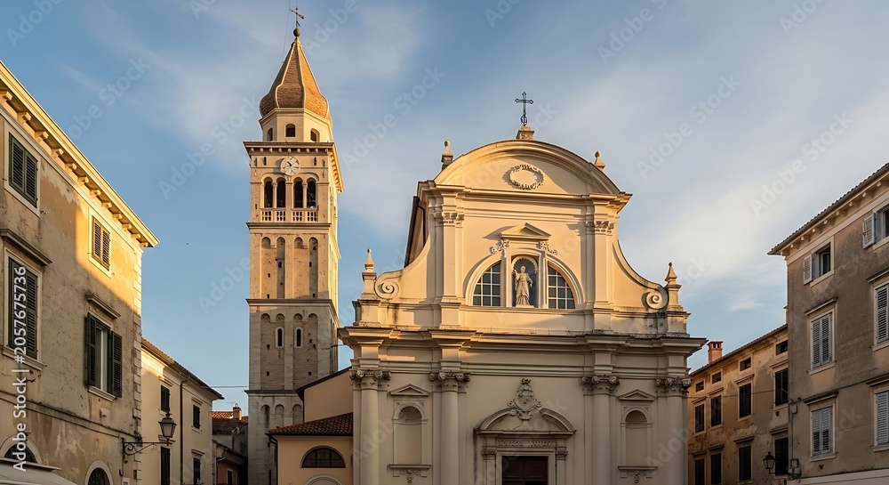 Fototapeta premium Historic church and bell tower in a mediterranean town square