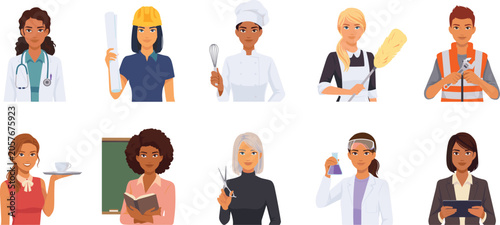 Professional Women Career Avatar Profile Set with Diverse Occupations Including Doctor Engineer Chef Teacher Scientist and Business Executive Vector Illustrations