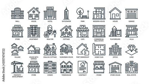 Fotografie Black and white line icons of various real estate properties and buildings
