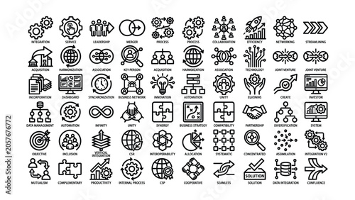 Foto Business process management and strategy icons in black on white background