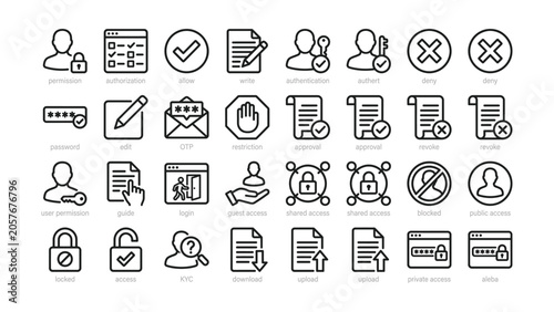 Fotografía Set of black line icons for user interface security and authentication concepts