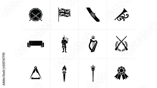 Bilde på lerret Historical scottish and british military symbols collection with drum bagpipes and harp