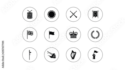 Tableau sur toile Royal and regimental circular symbols featuring crown union jack flag and harp silhouettes