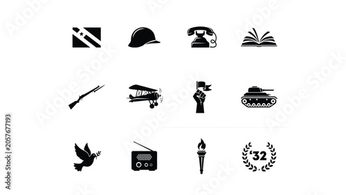 Cuadro en lienzo Historical military equipment icons collection depicting war planes tanks radio and books