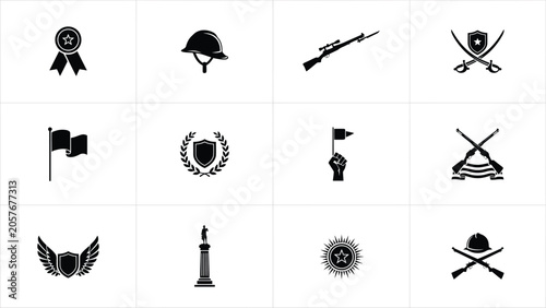 Billede på lærred Military and war symbols collection in black and white graphic design