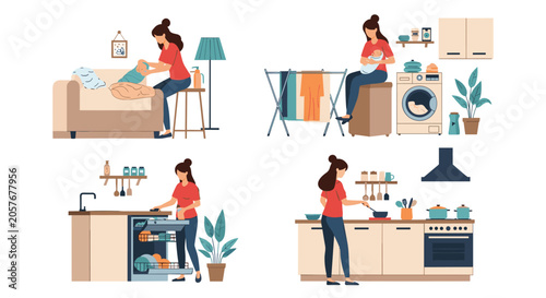 Infographic showing a busy woman multitasking with laundry, cooking, cleaning, and caring for a baby at home.